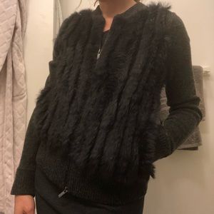 Warm sweater with dark blue rabbit fur.